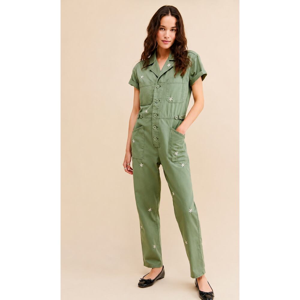Pistola Grover Daisy Embroidered Utility Jumpsuit Green Small - Picture 2 of 8
